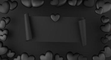 Valentinstag-Konzept, schwarze Herzballons mit Banner auf schwarzem Hintergrund. 3D-Rendering. foto