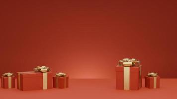 3D-Weihnachts- und Neujahrsgruß, Banner mit roten Geschenkboxen präsentiert - 3D-Rendering. foto