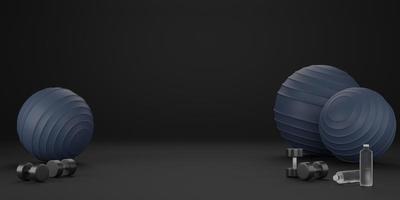 Metallhantel, blauer Fitball und Trinkflasche. Ausrüstung für Fitness auf schwarzem Hintergrund. 3D-Rendering foto