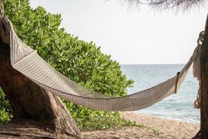 Hängemattenschaukel zwischen Bäumen auf einer tropischen Insel mit wunderschönem Strand. foto