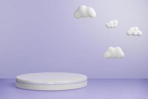 3D-gerenderter Studio-Mock-up-Hintergrund für die Produktpräsentation, mit Kreisformen, Podium auf dem Boden mit Wolke. minimale violette Farben. foto