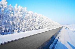 winterstraße und schneebedeckter wald und bäume im raureif entlang der frostzeit des blauen himmels der straßenränder foto