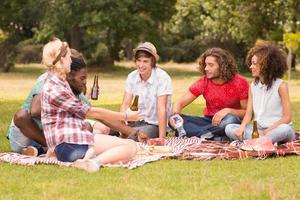 glückliche Freunde im Park beim Picknick foto