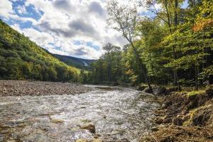 rauschender Fluss, der im Herbst durch den Wald zwischen Bergen fließt foto