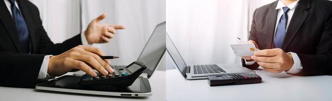 Geschäftsbuchhaltungskonzept, Geschäftsmann, der Taschenrechner mit Computerlaptop, Budget und Kreditpapier im Büro verwendet. foto