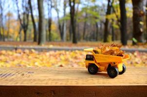 Das Konzept der saisonalen Ernte von Herbstlaub wird in Form eines mit Blättern beladenen gelben Spielzeuglastwagens vor dem Hintergrund des Herbstparks dargestellt foto
