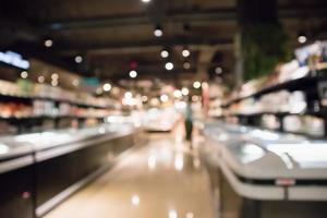 abstrakter Supermarkt-Lebensmittelgeschäft-Kühlschrank verschwommener, defokussierter Hintergrund mit Bokeh-Licht foto