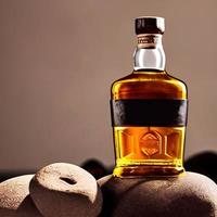 frischer whisky auf klarem glas und flasche auch gewürfelte eisalkoholzeichnung. Bild- und Bildgetränkillustration für Hintergrund foto