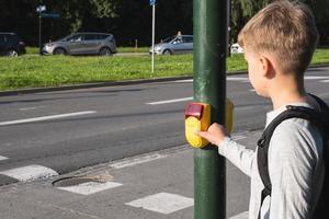 Schuljunge in der Nähe von Fußgängerüberweg und drückt bei Bedarf gelbes Gerät mit Knopf an der Ampel foto