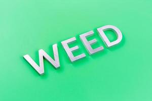 Das Wort Weed mit silbernen Metallbuchstaben auf pastellgrünem Hintergrund mit diagonaler Perspektive