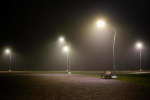 Bank im nebligen Nachtpark mit hohen Lichtern und selektivem Fokus foto