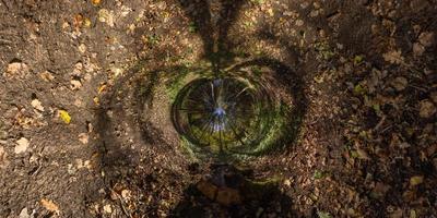 hyperbolisches Tunnelpanorama Projektion des sphärischen Panoramas am sonnigen Herbsttag im Kiefernwald mit blauem Himmel foto