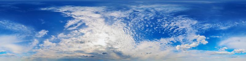 nahtlose 360-Grad-Winkelansicht blauer Himmel mit Wolken mit Zenit in equirectangulärer Projektion - obere Hälfte der Kugel foto