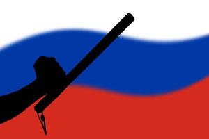 Hand mit Polizei-Tonfa-Gummistock-Silhouette und verschwommener russischer Flagge im Hintergrund foto