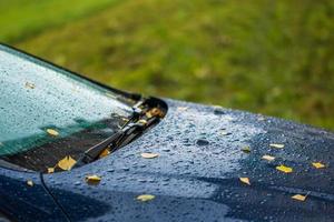 Dunkelblaues Auto am regnerischen Herbsttag mit orangefarbenen Birkenblättern - selektiver Fokus mit unscharfer Nahaufnahme foto