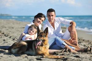 glückliche familie, die mit hund am strand spielt foto