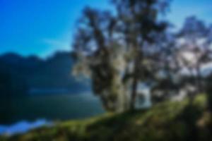 verschwommener blick auf den see ranu kumbolo, semeru berg. Bokeh-Hintergrund im Sommer, grünes Naturkonzept foto