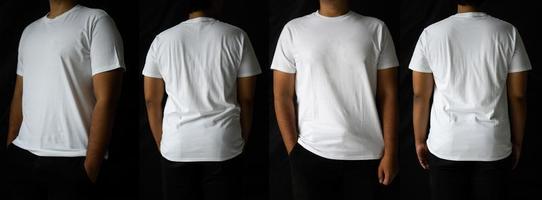 Stilvolle Männer tragen schlichte T-Shirts für Mockups. leeres T-Shirt-Design wird von der Vorder- und Rückseite angezeigt. foto