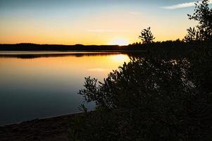 Sonnenuntergang mit Reflexion über einen schwedischen See in Smalland mit Büschen im Vordergrund foto