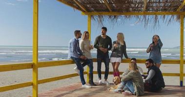 gruppe von freunden, die sich am herbsttag am strand amüsieren foto