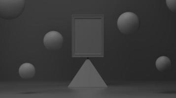 podium auf einer pyramide, rahmen mit blase, die auf schwarzem elegantem studio schwimmt. minimale geometrische Hintergrundform abstrakter Hintergrund. Schwebende Partikel.. 3D-Rendering. foto