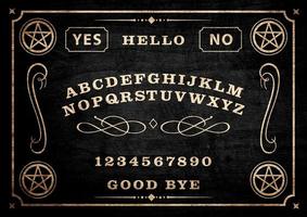 Planchette aus Ouija-Brett auf Holzstruktur. Poster mit Geisterspiel. Halloween-Spiel mit rufenden Seelen und Dämonen. Parteiplakat. Grafik, Typografie, Alphabet, Buchstaben, Zahlen. foto