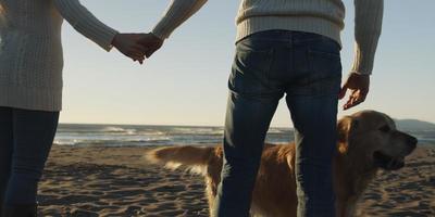 Paar mit Hund, das sich am Herbsttag am Strand amüsiert foto