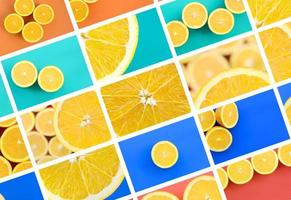 eine Collage aus vielen Bildern mit saftigen Orangen. Reihe von Bildern mit Früchten auf Hintergründen in verschiedenen Farben foto