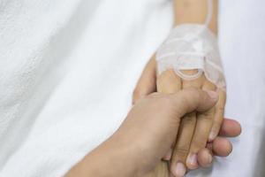 Nahaufnahme Menschen konzentrieren sich auf die Hand eines kranken Patienten auf dem Bett in der Krankenstation. Gesundheitswesen und Medizin. Linie Kochsalzlösung und Pulsdetektor Blutsauerstoffmessgerät am Finger der Menschen. foto