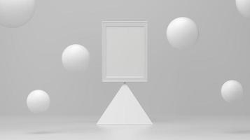 Rahmenpodium auf einer Pyramide mit Blase, die auf weißem Studio schwimmt. minimale hintergrundform abstrakter hintergrund. Schwebende Partikel.. 3D-Rendering. foto
