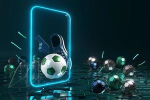 Fußballkugelobjekt, Sportballdesign, Fußballelementkonzept, 3D-Illustration, abstrakte Fußballtechnologie, mobiler Smartphone-Bildschirm, grüne Rasenfläche, Online-Sport live, Casino-Sportgeschäft foto