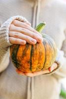 nahaufnahme herbst herbstansicht frauenhände, die gelben kürbis halten. inspirierende natur oktober oder september hintergrundbild. wechsel der jahreszeiten, reifes bio-lebensmittelkonzept. Halloween-Party Erntedankfest. foto