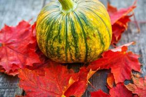 natürlicher herbst herbstansicht kürbis- und ahornblätter auf hölzernem hintergrund. inspirierende oktober- oder septembertapete. wechsel der jahreszeiten, reifes bio-lebensmittelkonzept. Halloween-Party Erntedankfest. foto