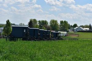 Amische Kutschen, die in einem Feld in Lancaster County geparkt sind foto