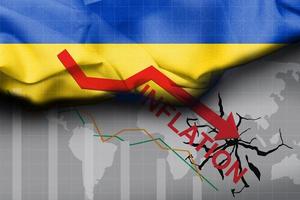Illustration der ukrainischen Flagge mit strukturiertem Satinstoff. Pfeilrichtung. das Konzept der Inflation in den Ländern der Welt. foto