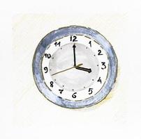 Skizze einer runden Uhr, die 4 Uhr auf dem Zifferblatt zeigt foto