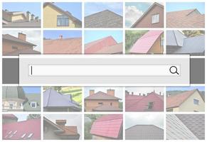 Visualisierung der Suchleiste auf dem Hintergrund einer Collage aus vielen Bildern mit Fragmenten verschiedener Bedachungsarten. Reihe von Bildern mit Dächern foto
