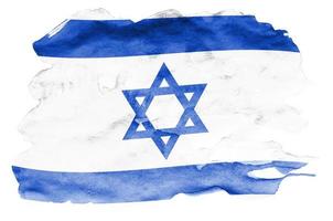 die israel-flagge ist in flüssiger aquarellart dargestellt, die auf weißem hintergrund isoliert ist foto
