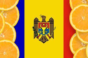 Moldawien-Flagge im vertikalen Rahmen von Zitrusfruchtscheiben foto
