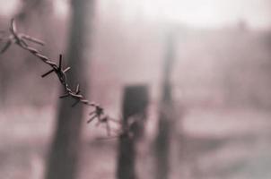 Makroaufnahme eines Elements aus altem und rostigem Stacheldraht mit verschwommenem Hintergrund. Fragment eines Dorfzauns eines territorialen Standorts foto