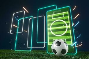 Fußballkugelobjekt, Sportballdesign, Fußballelementkonzept, 3D-Illustration, abstrakte Fußballtechnologie, mobiler Smartphone-Bildschirm, grüne Rasenfläche, Online-Sport live, Casino-Sportgeschäft foto