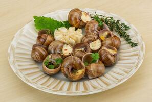 Schnecken auf dem Teller und Holzhintergrund foto