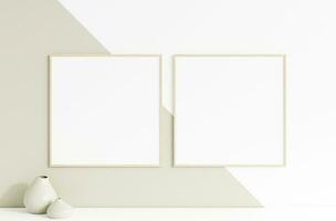 minimalistisches, sauberes, quadratisches Fotorahmen-Modell aus Holz, das an der Wand aufgehängt ist. 3D-Rendering. foto