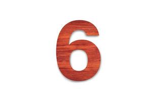 schönes Zeichen Nummer sechs Material Holz isoliert auf weißem Hintergrund mit Beschneidungspfad für Design foto