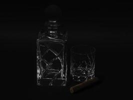 Kristallglas und Whiskyflasche mit einer kubanischen Zigarre auf schwarzem Hintergrund foto