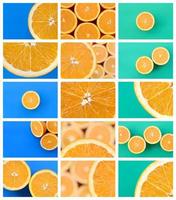 eine Collage aus vielen Bildern mit saftigen Orangen. Reihe von Bildern mit Früchten und verschiedenen Farben foto