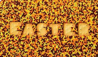 Ostern. das wort aus den essbaren buchstaben liegt auf dem glasierten pulver foto