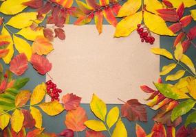 Herbstblätter mit Tannenzapfen und Beeren und ein Blatt Pergamentpapier auf dunkelgrauem Hintergrund von oben. mit Platz für Text. minimale Thanksgiving- und Halloween-Saisondesignkunst. flach liegen.