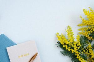 frühlingsmimose und notizbücher mit einem stift auf dem blauen tisch. der Desktop des Bloggers. Platz kopieren foto