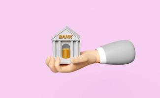 3D-Geschäftsmannhände halten Bank- oder Steuerbürogebäude mit Geldsymbol isoliert auf rosa Pastellhintergrund. bankfinanzierung, geldwechselkonzept, 3d-darstellung foto